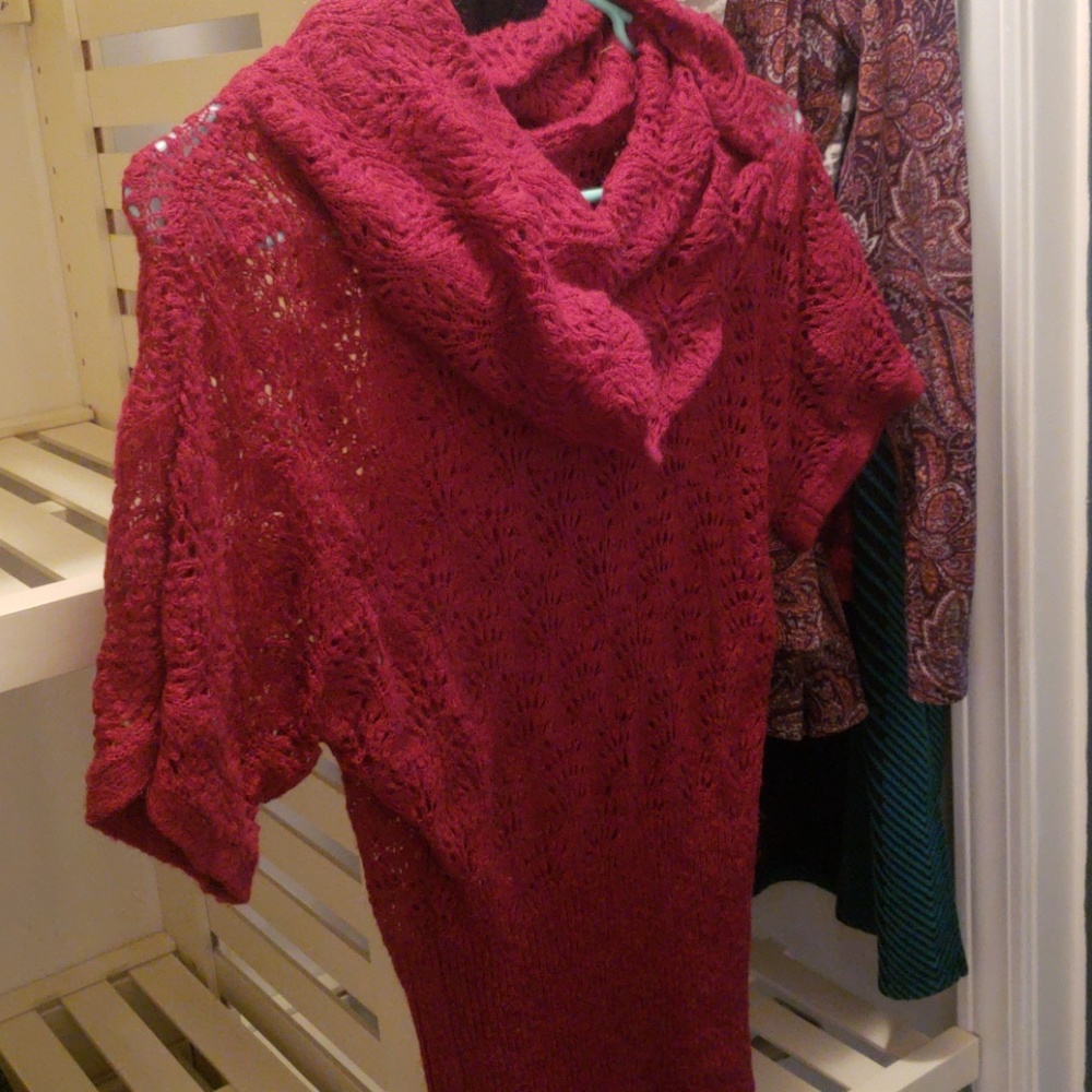 Half sleeve maroon see-through Cowel neck sweater